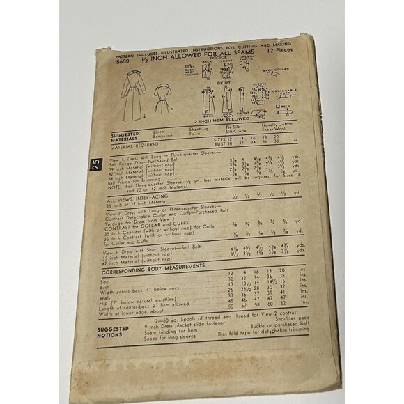 1950s Advance 5658 Pencil Dress Collar Hip Ties Sew Pattern Sz 14 Cut Vtg - Picture 2 of 2